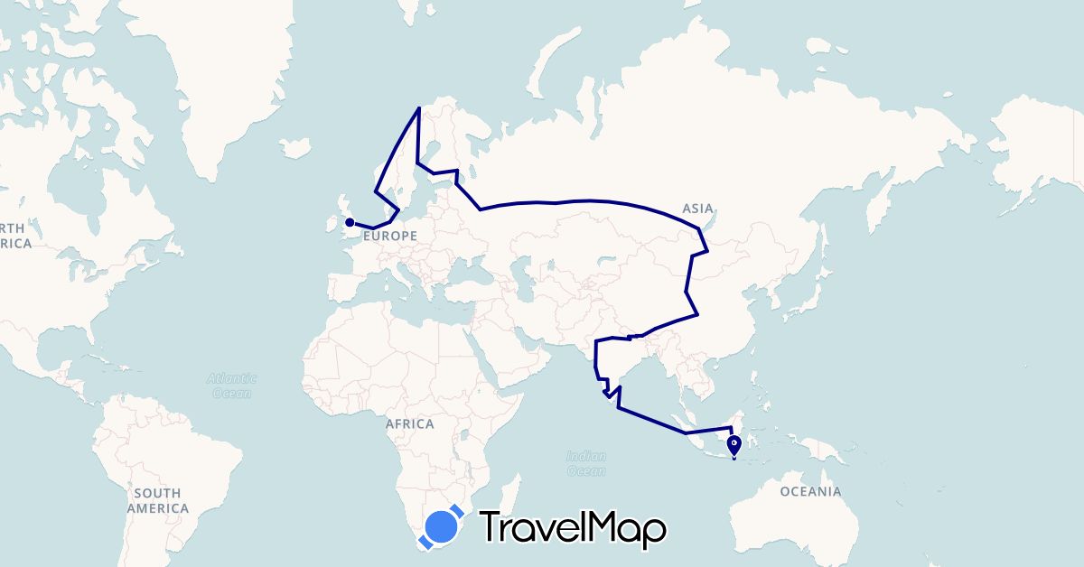 TravelMap itinerary: driving in China, Germany, Denmark, Finland, United Kingdom, Indonesia, India, Sri Lanka, Mongolia, Netherlands, Norway, Nepal, Russia, Sweden (Asia, Europe)