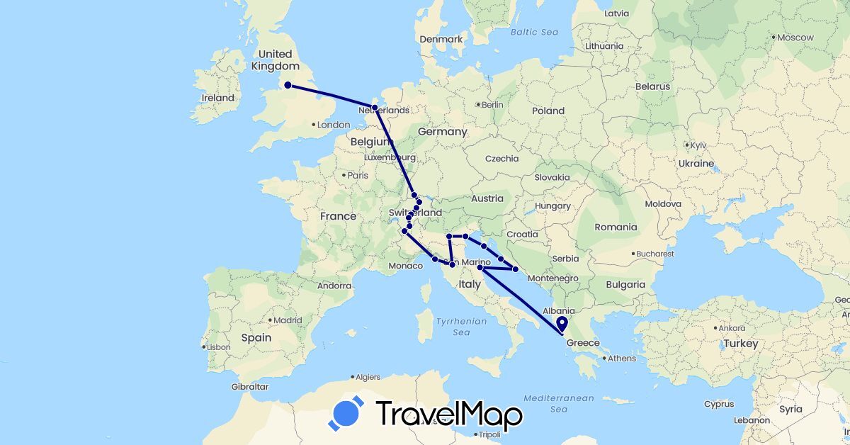 TravelMap itinerary: driving in Switzerland, Germany, United Kingdom, Greece, Croatia, Italy, Netherlands (Europe)